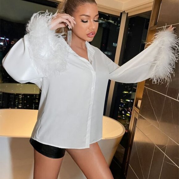 MODA ME COUTURE Tops - RESTOCKING PRE ORDER NOW! GLAM DOLLZ Statement Maker Fuzzy feather Cuff Blouse